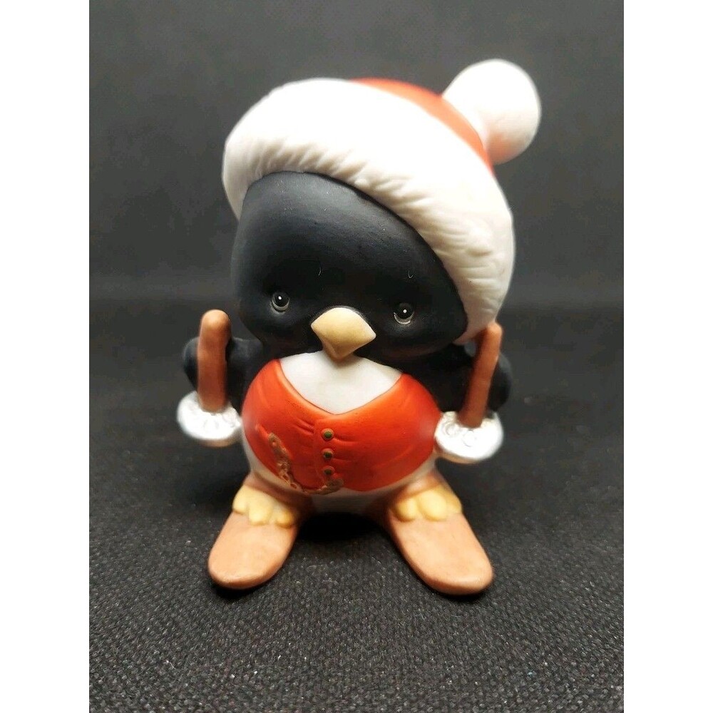 Vintage Cute-'N-Cool Porcelain ENESCO Penguin in Santa Hat w/ Skis 1985